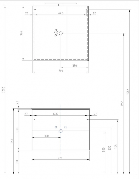 Perfecta Badmöbelblock - WT Set mit Keramikwaschtisch 75 x 45 cm, weiss Hochglanz